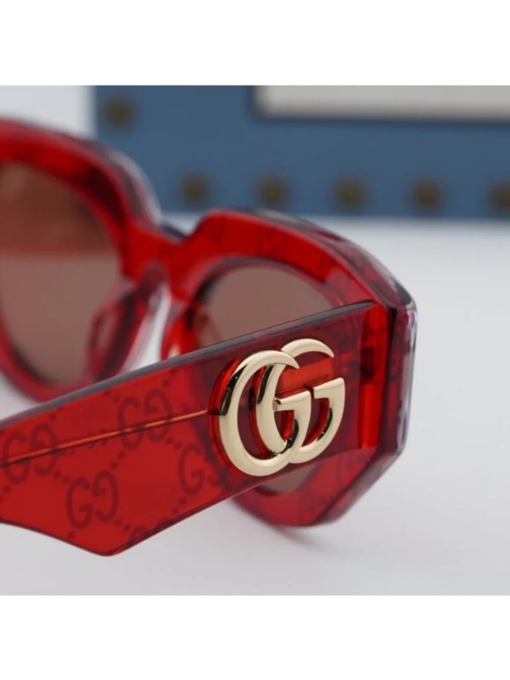 Gucci GG1421S 006 Geometric Sunglasses - Transparent Red with GG Pattern/Brown